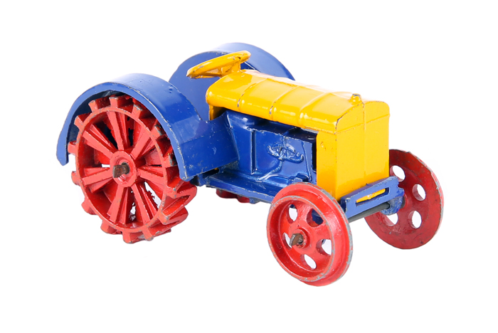 A scarce Meccano Dinky Toys Farm Tractor 22e. An example in yellow, blue and red, with hook. VGC for