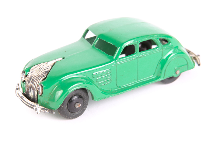 Dinky Toys Chrysler Airflow 30a. An example in leaf green with plated grille and bumpers, black