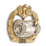 A rare Third Reich Panzer Assault badge for 100 engagements, with gilt wreath and silvered tank, the