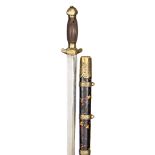 A small Chinese sword, polished shallow diamond section blade 16”, lined swollen wooden grip,