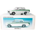 A 1:18 scale Autoart Millennium series Ford Lotus Cortina MK1. An example in white with green