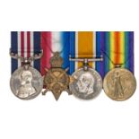 Four: MM George V first type (S03290 A.L. Sjt J. Ward, 11/Rif. Bde), 1914-15 star (Pte), BWM and