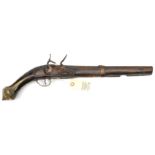 A late 18th century 22 bore Turkish flintlock holster pistol, 19½” overall, barrel 12½” with worn