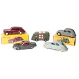 4 French Dinky Toys. Peugeot 203 (24R) in grey with ridged plated wheels and white tyres. A