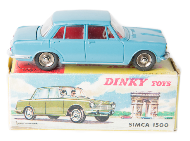 French Dinky Toys Simca 1500 (523). In light blue with red interior, with windows, dished spun