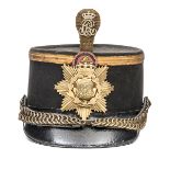 A Danish officer’s shako, c1912, of blue cloth, patent leather peak and head band, gilt lace band to