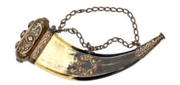 A 19th century Scottish Highland dress powder horn, of flattened form, elaborate panelled