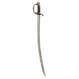 A Russian M1826 infantry officer’s sword, curved fullered blade 27½”, brass hilt, the guard with