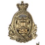 A scarce CEF brass cap badge of the 253rd Queens University Highland Bn (253A). GC Plate 1