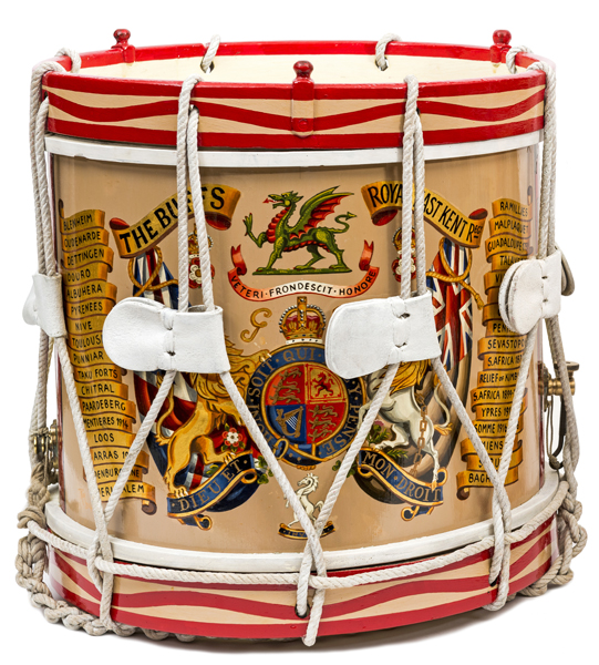 A very well painted George V brass side drum of The Buffs (Royal East Kent Regiment), bearing