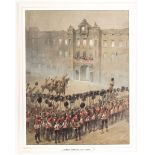 A watercolour painting by Orlando Norie “Guards Departing for Crimea” showing the Grenadier Guards