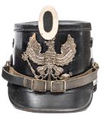 A Prussian Jager enlisted man’s shako, the grey steel plate showing hints of plating or gilding,
