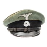 A Waffen SS Infantry NCO’s peaked cap. Fieldgrey good quality material, zinc eagle and skull