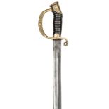 A 1909 pattern Russian cavalry officer’s sword, curved, fullered blade 32”, with shallow fuller