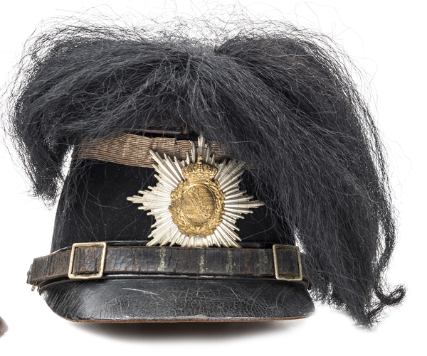 A Saxony Jager NCO’s felt shako, with bi-metal plate, silver lace around the top of the skull, black