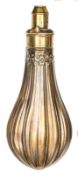 A copper powder flask “Fluted” (Riling 289), sprung brass charger with graduated nozzle 3-4 drams,