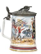 A Royal Doulton painted porcelain tankard “The Battle of Waterloo”, with 4 vignettes of leading
