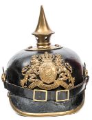 A Bavarian NCO’s pickelhaube, the officer quality plate secured by two bolts, the spike and spike