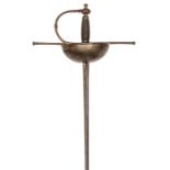 A late 17th century Spanish cup hilt rapier, slender double edged blade 39”, short deep fullers at