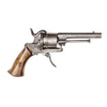 A Belgian 6 shot 7mm DA pinfire revolver, 6¾” overall, octagonal barrel 3½”, Liege proved, with