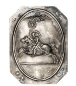 A small continental die struck silver plated panel, of rectangular form with cut off corners,