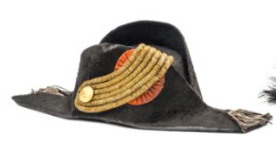 A late 19th century Dutch naval officer’s cocked hat, black beaver body, silver bullion tassels,