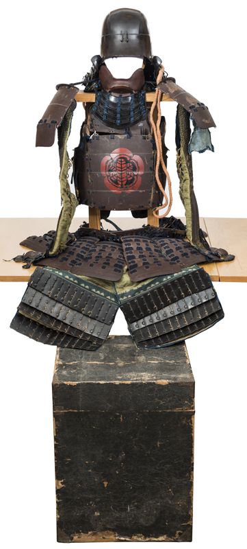 A suit of Japanese armour, black lacquer Hineno helmet of 4 plates, brown lacquer Do with detached