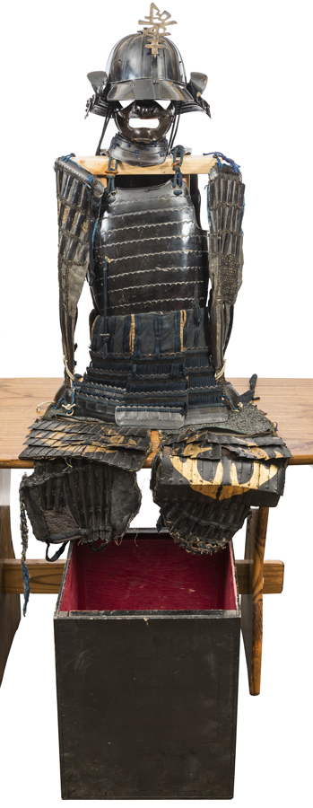 A suit of Japanese armour, 12 plate helmet with modern crest, lacquered Ivon mempo, plated Do,