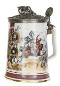 A Royal Doulton painted porcelain tankard “The Battle of Waterloo”, with 4 vignettes of leading