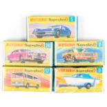 5 Matchbox Superfast. Lotus Europa (5) in metallic pink. Wildcat Dragster (8) in bright pink with
