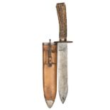 A 19th century Bowie type knife, broad SE blade 10”, heavy iron oval crossguard, long horn hilt,