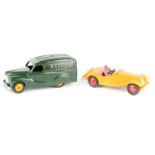 2 Dinky Toys. M.G. Midget (102) in orange with bright red interior and wheels, complete with