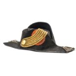 A late 19th Century Dutch naval officer’s cocked hat, black beaver body, silver bullion tassels,