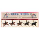 Britains 7th Queens Own Hussars No.2075. 5 mounted, Officer and 4 troopers all with swords drawn. In