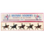 Britains 7th Queens Own Hussars No.2075. 5 mounted, Officer and 4 troopers all with swords drawn. In