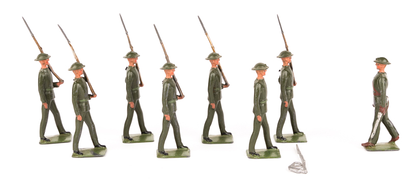 A rare set of Britains Scots Guards No.1834. 1939-41 in active service khaki uniforms with steel