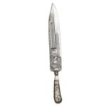 A good Italian ceremonial hunting knife, c 1700, broad blade 12”, with bowie type tip, chiselled