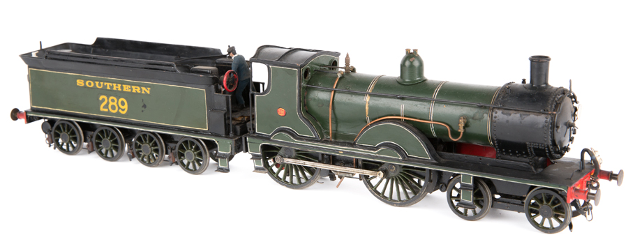 A metal/brass kit built O gauge electric Drummond class T9 4-4-0 tender locomotive. A ‘Greyhound’ in