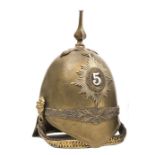 A trooper’s brass helmet of The 5th (Princess Charlotte of Wales’s) Dragoon Guards, ear to ear