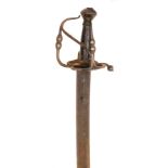 A 17th century horseman’s sword c 1670, slightly curved SE blade 29” with single fuller and deeply