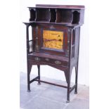 A Shapland and Petter Arts and Crafts bureau with marquetry panel and copper strap hinges and