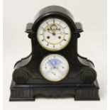 A black slate mantel clock circa 1880 by Achille Brocot, the top dial with roman numerals and