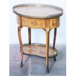 A French marquetry inlaid and gilt metal mounted two tier table with drawer. H77cm