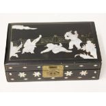 A Japanese mother of pearl inlaid black lacquer sewing box. W28cm D18.5cm H8.5cm