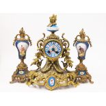 A French gilt metal Sevres style porcelain clock garniture, height 37cm