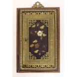 A Japanese gilt metal mounted key cabinet with ivory and bronze inlaid panel. W24cm H40cm D5.5cm