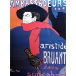 Two reproduction poster prints after Henri Toulouse Lautrec, 43cm x 64cm each, together with a