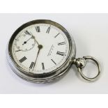 A hallmarked silver cased pocket watch by Waltham, diam. 5cm.