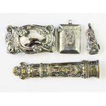 A mixed lot comprising a silver plated Art Nouveau vesta case, a hallmarked silver vesta case, a