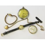 A mixed lot comprising a 9ct gold wristwatch, two gold plated wristwatches, a gold front and back